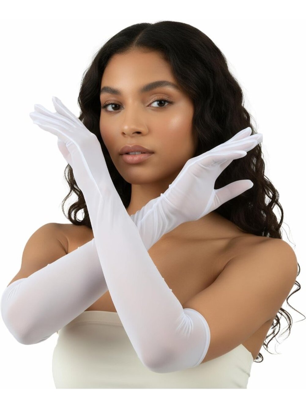 Women White Mesh Elbow Length Tulle Sleeves Long Stretchy Wedding Bridal Gloves